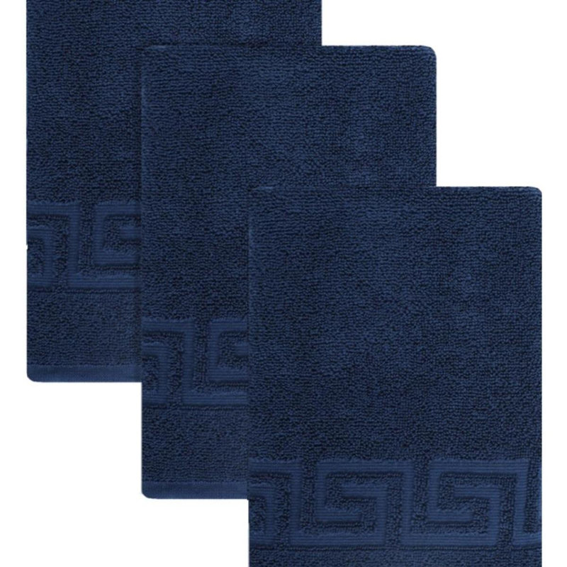 Ensemble de trois serviettes de toilette bleu marine à motif grec en coton turc, 40 x 75 cm