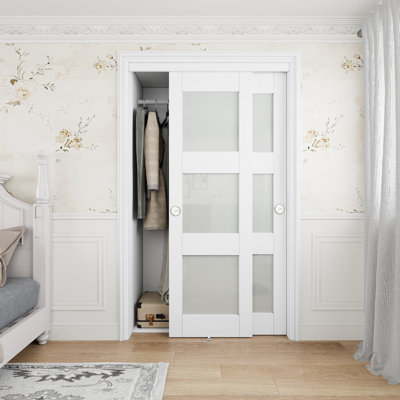 80"H 3-Lite Frosted Tempered Glass Sliding Closet Door with Hardware Kit & Handles（requires assembly）