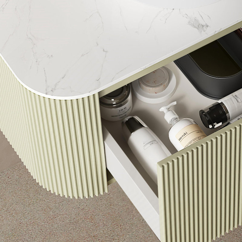 Meuble-lavabo de salle de bain 36 po avec lavabo, lavabo à fixation murale à bords arrondis flottants avec tiroir, lavabo en céramique blanc avec motif de pierre, pré-assemblé, vert clair