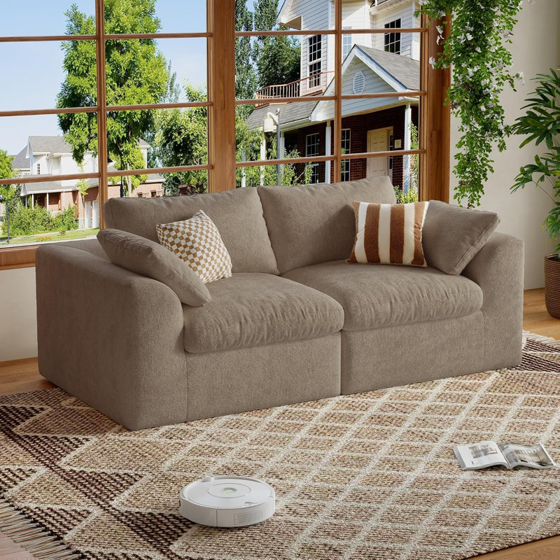 Canapé deux places sans os 78 po, assise profonde, en velours mousse, double couche de mousse, dossiers amovibles, aucun assemblage requis, couleur camel