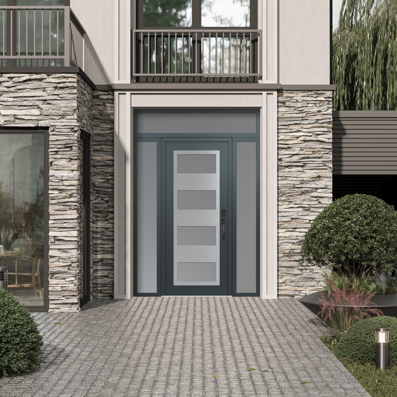 Panneau d'entrée en acier argenté anthracite / anthracite avec 2 panneaux latéraux et porte d'entrée pré-montée traverse