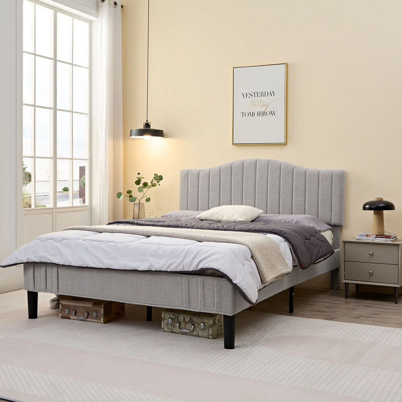 Queen Size Gray Teddy Fabric Upholstered Platform Bed Frame with Height-Adjustable Headboard, Noise-Free Storage Design, No Box Spring Needed