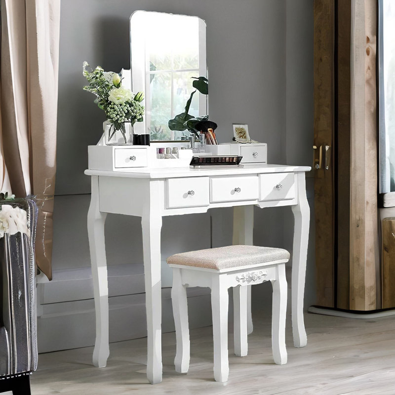 Rhodell Dressing Table with Mirror & Stool White Bedroom Dresser