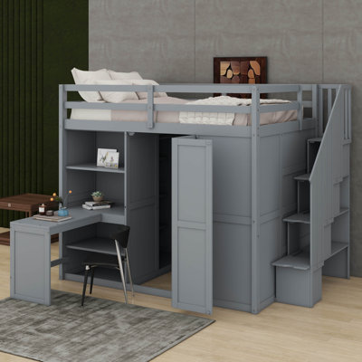 Lit mezzanine double avec garde-robe, bureau et tablettes