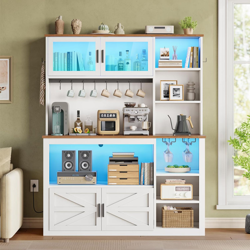 Tierone Baker''s Rack, Coffee Bar Cabinet, Farmhouse Microwave Stand With Wine Rack, Storage Drawer And 8 Hooks, Bakers Racks For Kitchens With Storage