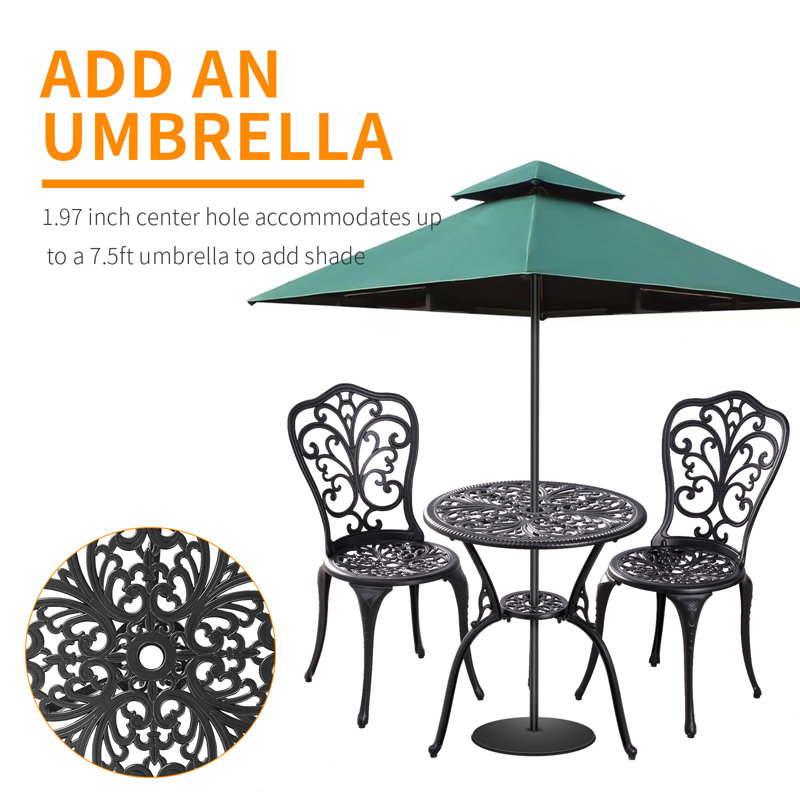 Olivar Round 2 - Cast Aluminum Bistro Set with Umbrella Hole Outdoor Table and Chairs Set of 2 for Garden,Black