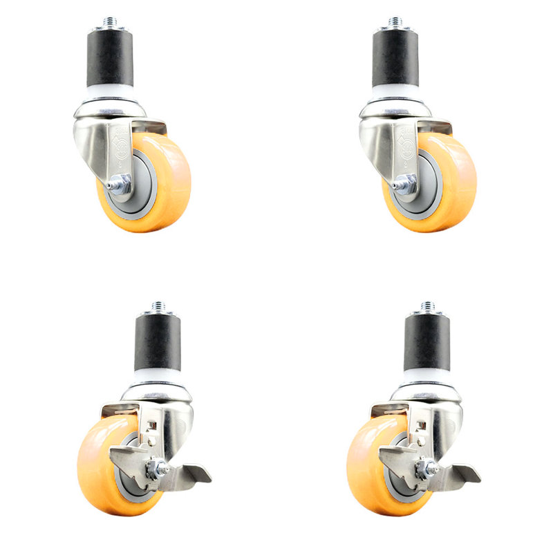 3 Inch 316SS Poly Swivel 1-3/4 Inch Expanding Stem Caster Set 2 Brake SCC, Yellow