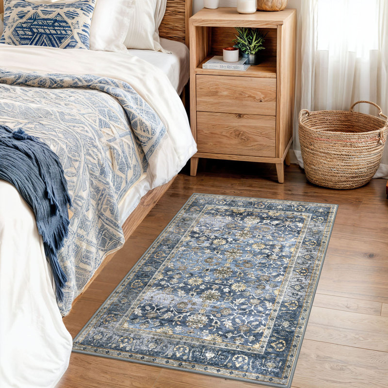Area Rug Machine Washable Rug Oriental Indoor Rugs with Non-Slip Backing, Rectangle 2' x 3', Blue/Grey/Beige