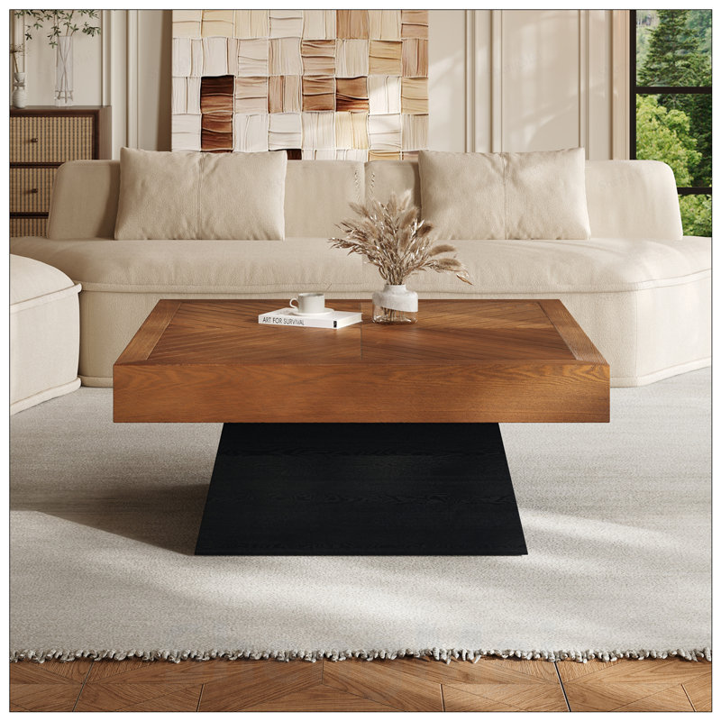 Table basse moderne carrée avec plateau en grain de bois et base élégante, style campagnard de style Mid-Century pour le salon