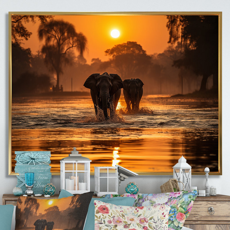 Glorious Elephant In The Wild, Cadre flottant doré, H 24 po x l 32 po x P 1 po