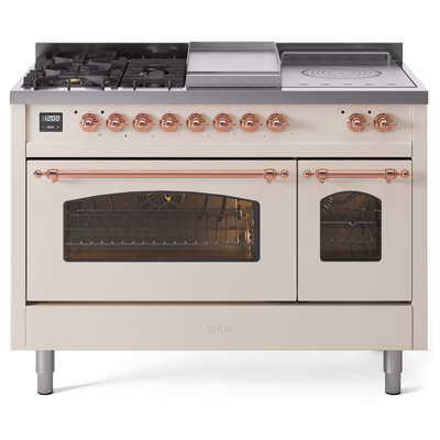 Cuisinière à double combustible de 48 po avec 5 brûleurs scellés, plaque chauffante et porte française ILVE Nostalgie II Series