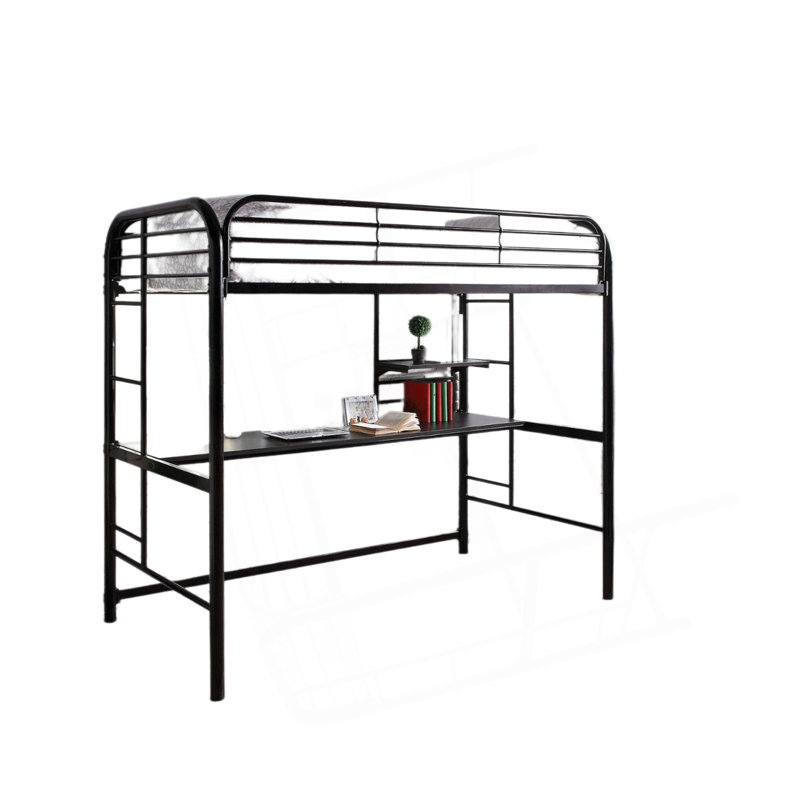 Lit avec structure complète en métal de style contemporain attaché sous les tablettes et le poste de travail avec garde-corps