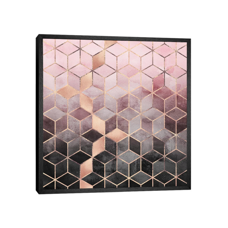 Pink And Grey Cubes by Elisabeth Fredriksson - Wrapped Canvas Print, Black Framed, 30.48 cm H x 30.48 cm W