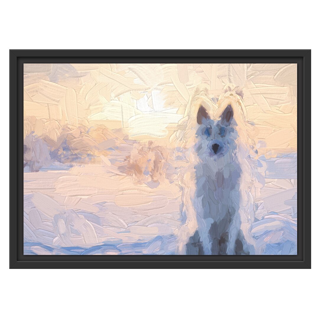 Gerahmtes Wandbild Weißer WolfSchnee Kunst