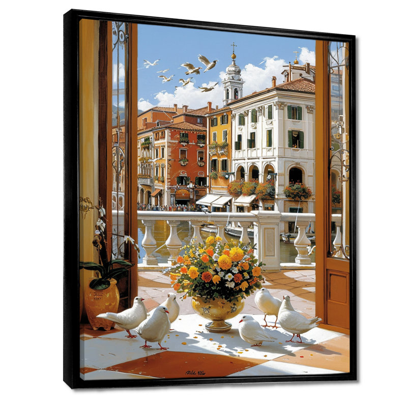 Fenêtre vue sur San Marco, pigeons blancs en été - art mural Venise, Cadre flottant noir, H 20 po x l 12 po