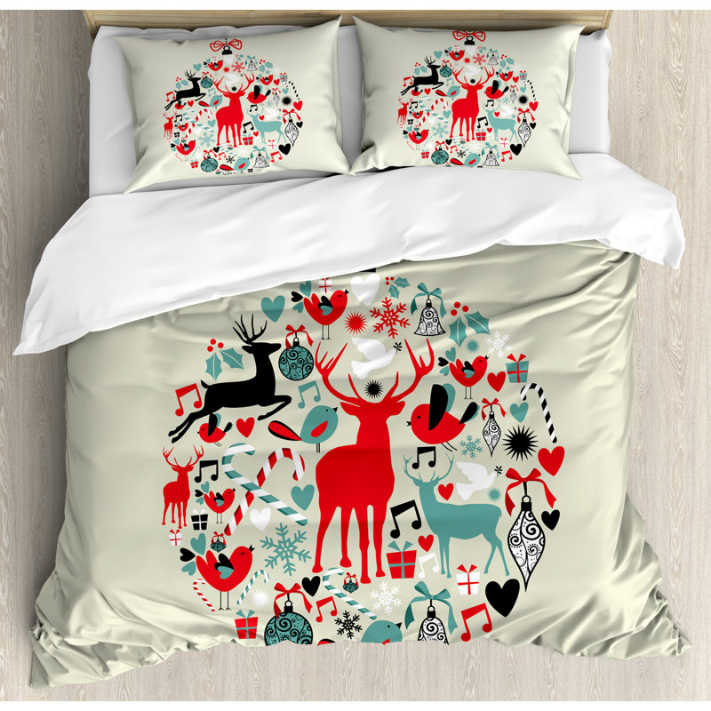 Beige and Red Christmas Reindeer Queen Duvet Cover Set