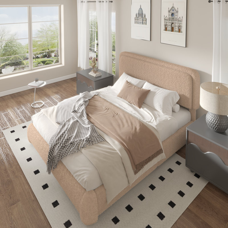 Haden Lambswool Boucle Upholstered Platform Bed Frame with Headboard, Brown, Queen