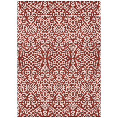 3' X 5' Red And Ivory Damask Washable Indoor Outdoor Area Rug