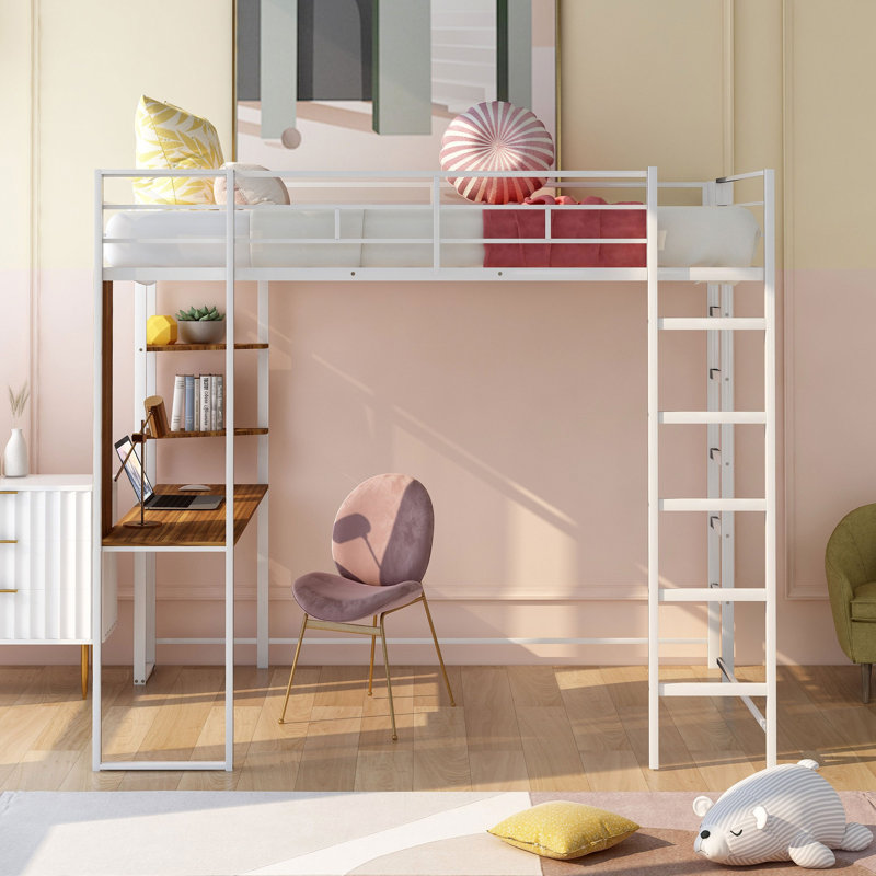 Full Size Loft Bed Metal Frame With Desk Shelves By RIDGEPOLE White, White