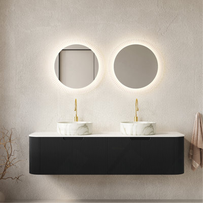 Meuble-lavabo de 60 po avec lavabo et lavabos 60 po, 2 tiroirs, 2 lavabos ronds en céramique blanc mat et plateau en pierre frittée blanche préassemblé