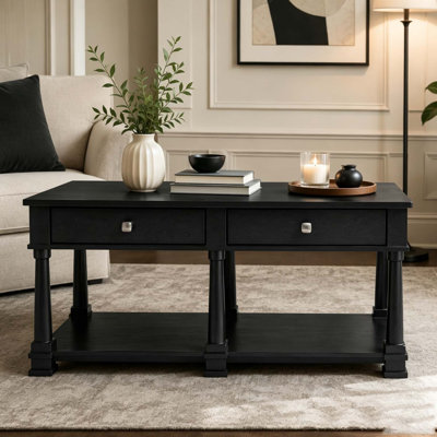 Farmhouse Wooden Coffee Table with 2 Storage Drawers & Lower Open Shelf, Rectangular Cocktail Table with Solid Wood Legs