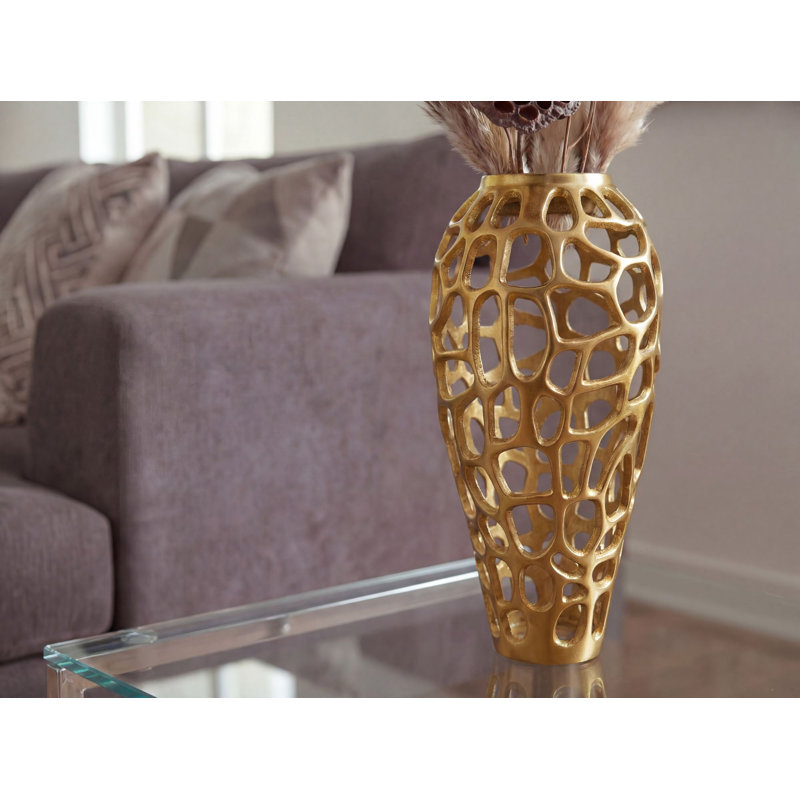 Gold Aluminium Floor Vase, Tall Round XXL Modern Vase for Dried Flowers, 45cm H x 19cm W x 19cm D