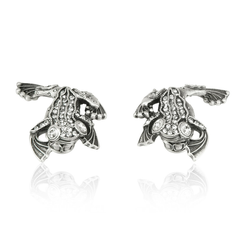 TREE FROG KNOB; CLEAR CRYSTAL; RIGHT & LEFT PAIR MATTE SILVER FINISH