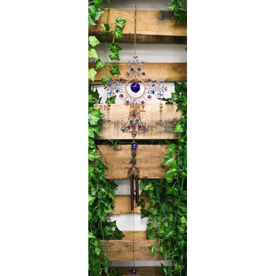 Blue Floral Scroll With Gemstones Christian Cross Art Glass Metal Wind Chime