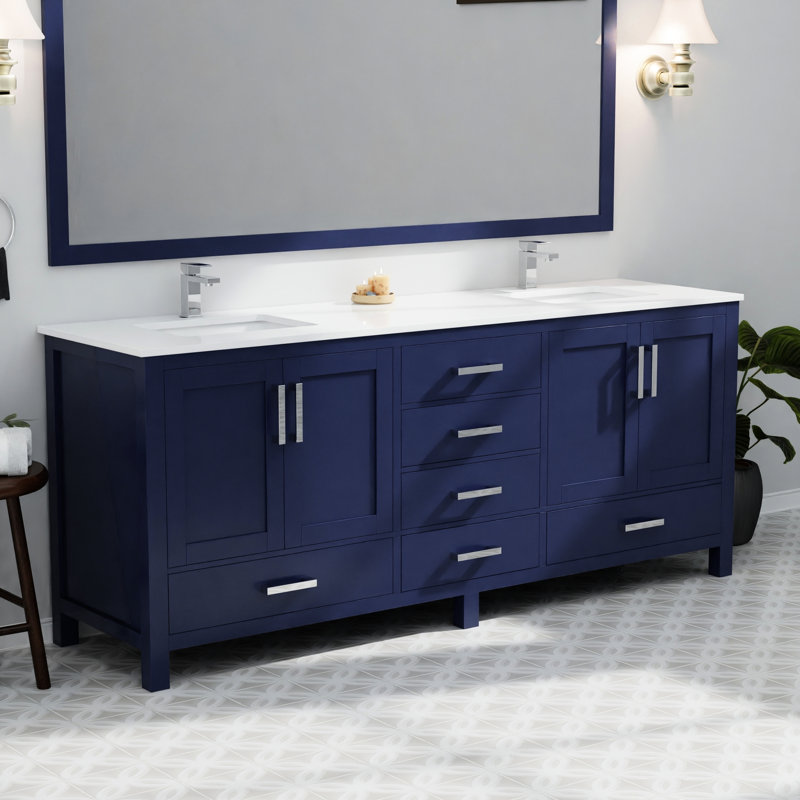 80 po L x P 22 po Meuble-lavabo bleu marine avec robinet et comptoir en marbre - Teinture à gratter pour un nettoyage facile