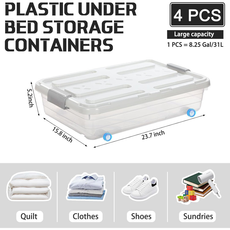 Paquet de 4 bacs de rangement en plastique sous le lit avec couvercles