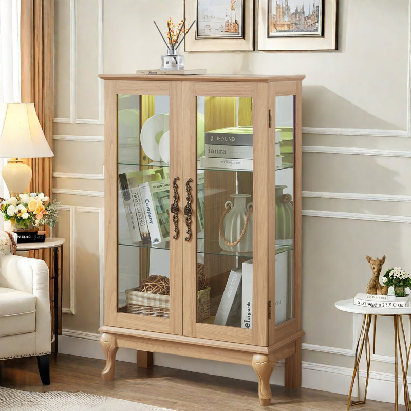 Vitrine avec 2 portes en verre trempé, tablettes réglables et éclairage DEL, Chêne clair