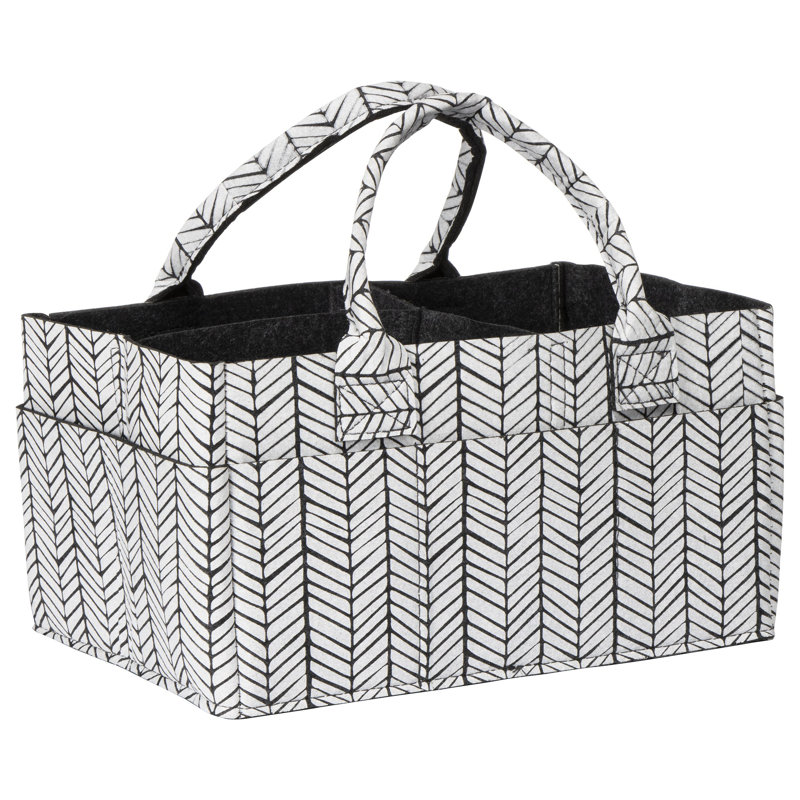 Gray and White Herringbone Felt Diaper Caddy with Handles