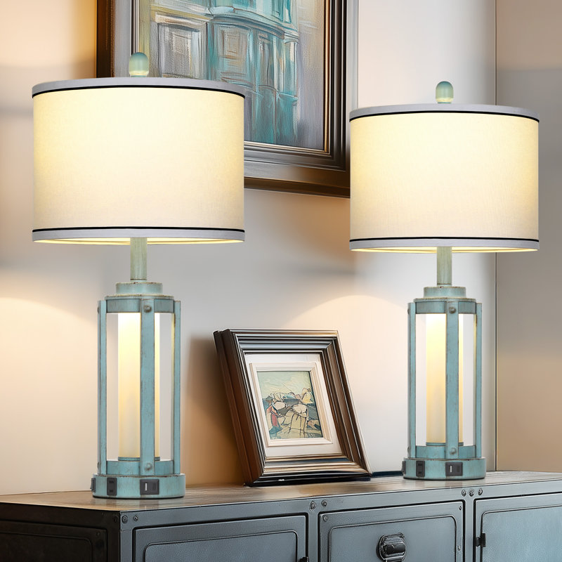 Tatyanna 25.5" Modern USB Table Lamp Set with Night Light, Built-in Outlet, Distressed Blue
