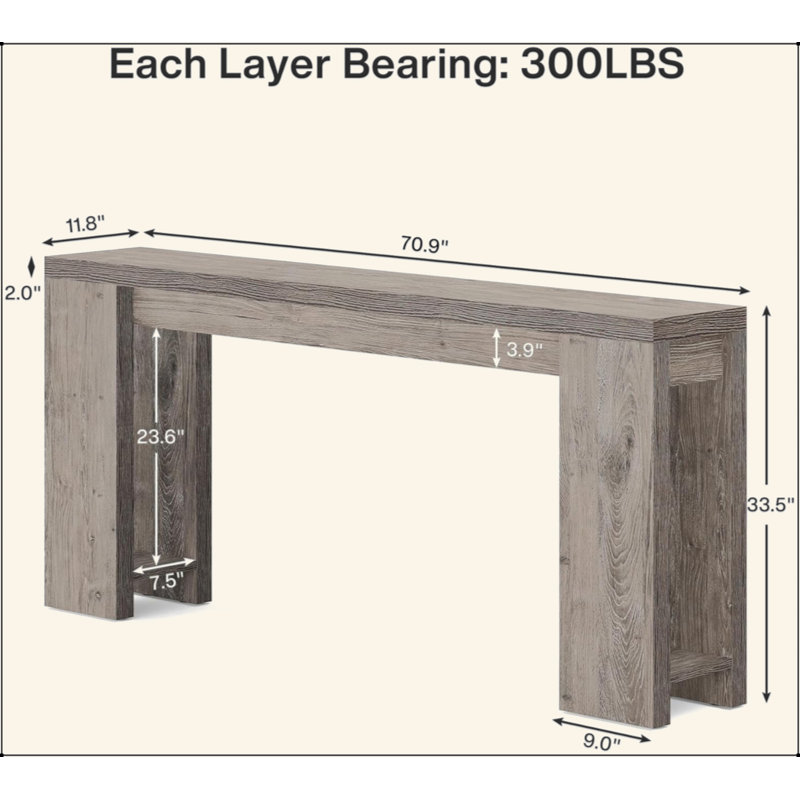 Très longue console de style campagnard, canapé-lit en bois étroit derrière le canapé, table d'appoint rustique gris avec rangement pour le salon, le couloir et le vestibule