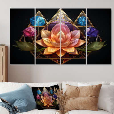 Motif géométrique de lotus rose géométrique et de cristaux mauves bleus - lotus 4 pièces