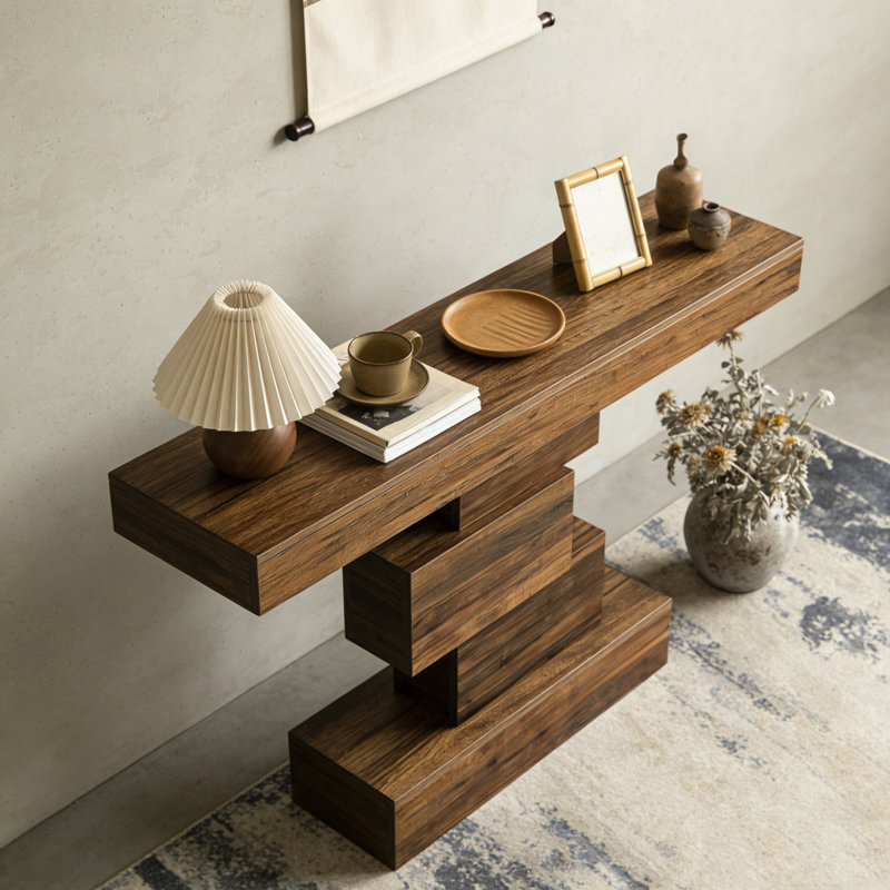Table d'appoint en bois avec base géométrique, Rustic Brown