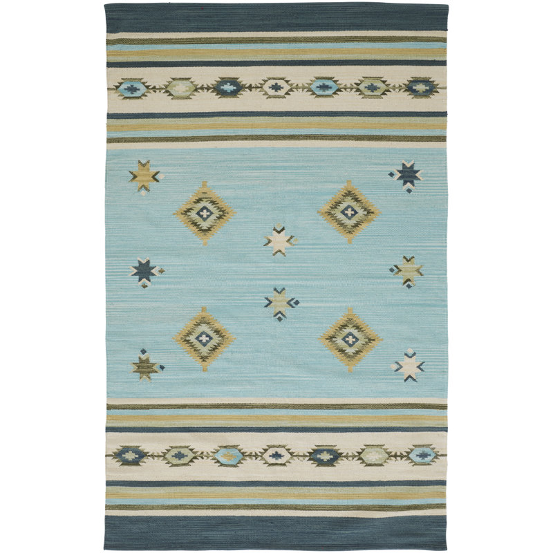 Tapis bleu turquoise / jaune fait à la main Grassingt, Rectangle 8 pi x 10 pi