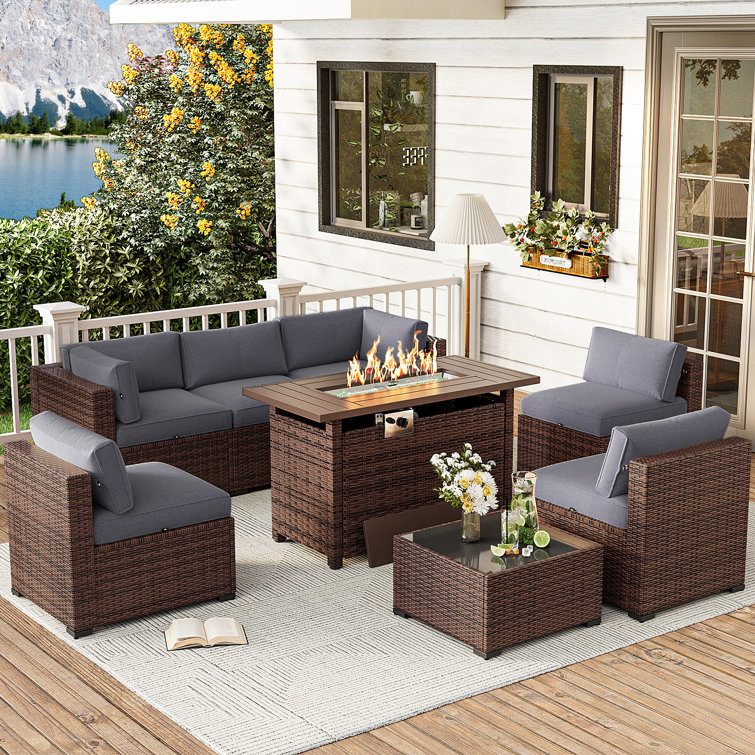 Caradog Wicker 6 - Person Patio Conversation Sets with Cushions, Coffee Table and 44" Fire Pit