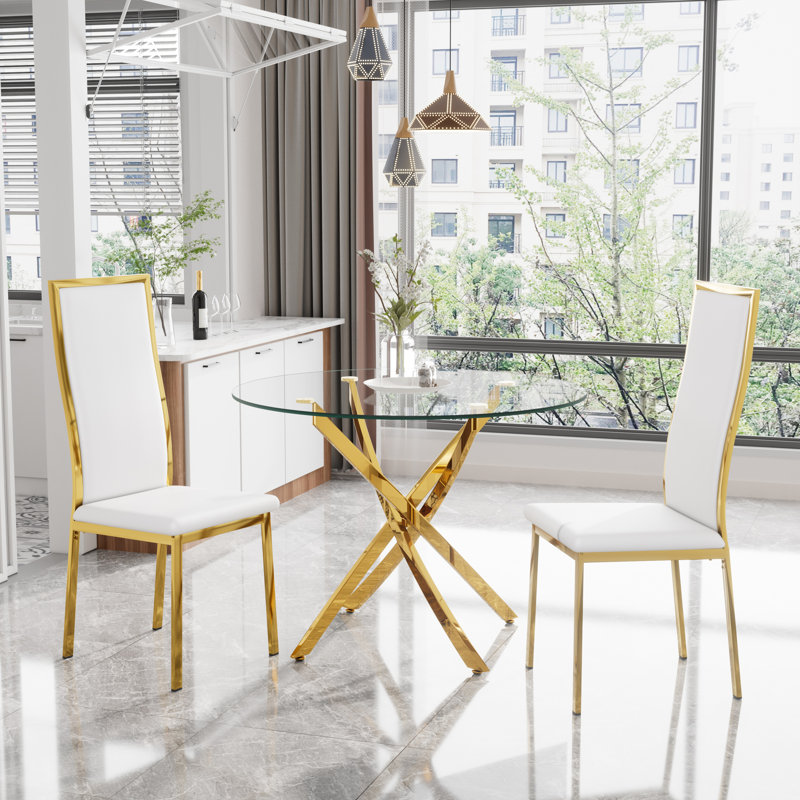3-Piece Round Pedestal Dining Set, White, Gold