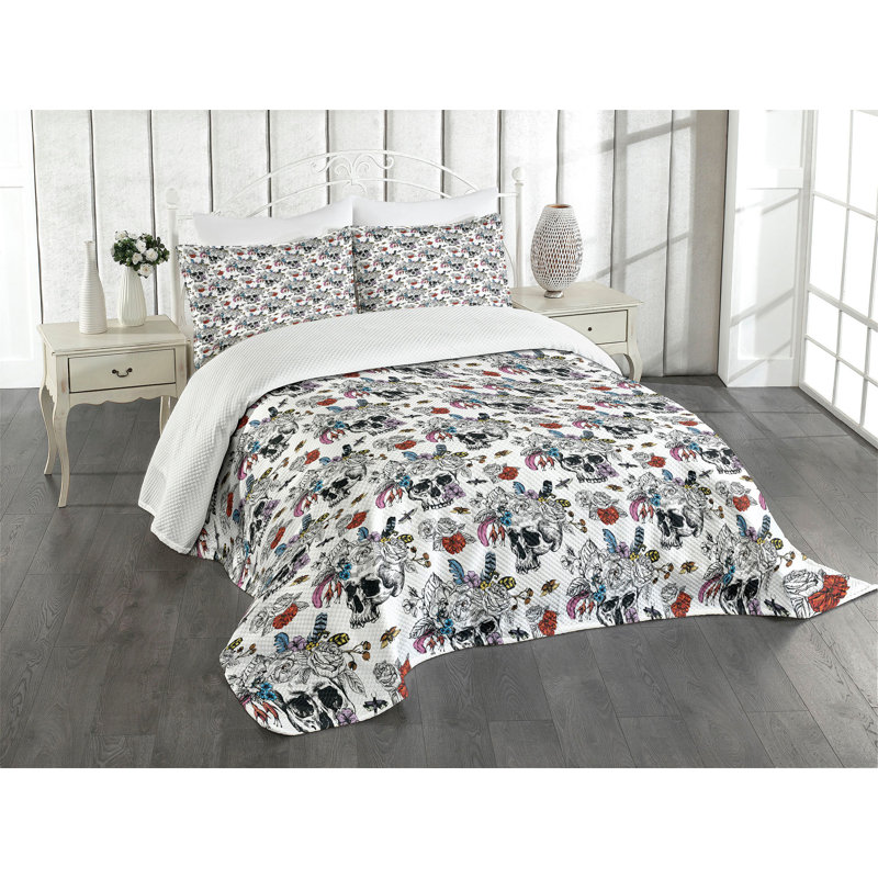 White Quilted King Bedspread Set with Skull and Flower Print
