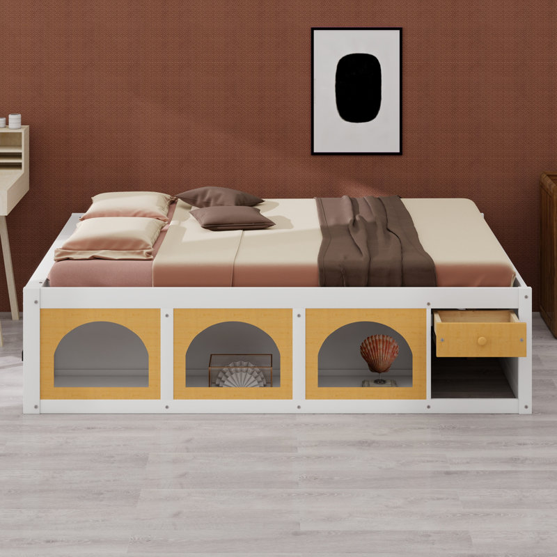 Lit plateforme en bois avec bibliothèque, éclairage à DEL et tiroir de rangement, Grand lit, Blanc et naturel