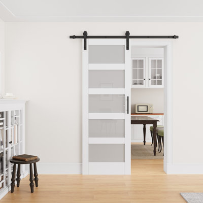 Porte coulissante de style grange en verre trempé dépoli de 76 cm × 213 cm avec finition soignée, prête à l'emploi. Quincaillerie d'installation incluse. Peut être repeinte.