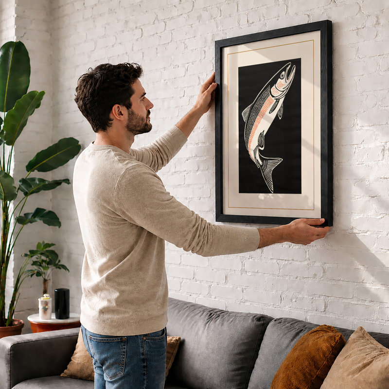 Leaping Salmon Japandi - Framed Print, Oak, A4 - 29.7 x 21.0 cm
