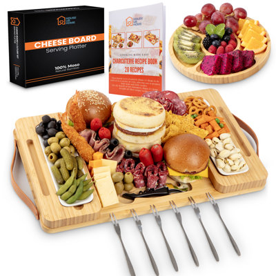 House Ur Home - Ensemble-cadeau de planches de charcuterie en bambou avec plateaux latéraux amovibles magnétiques, plateau à fruits et poignées