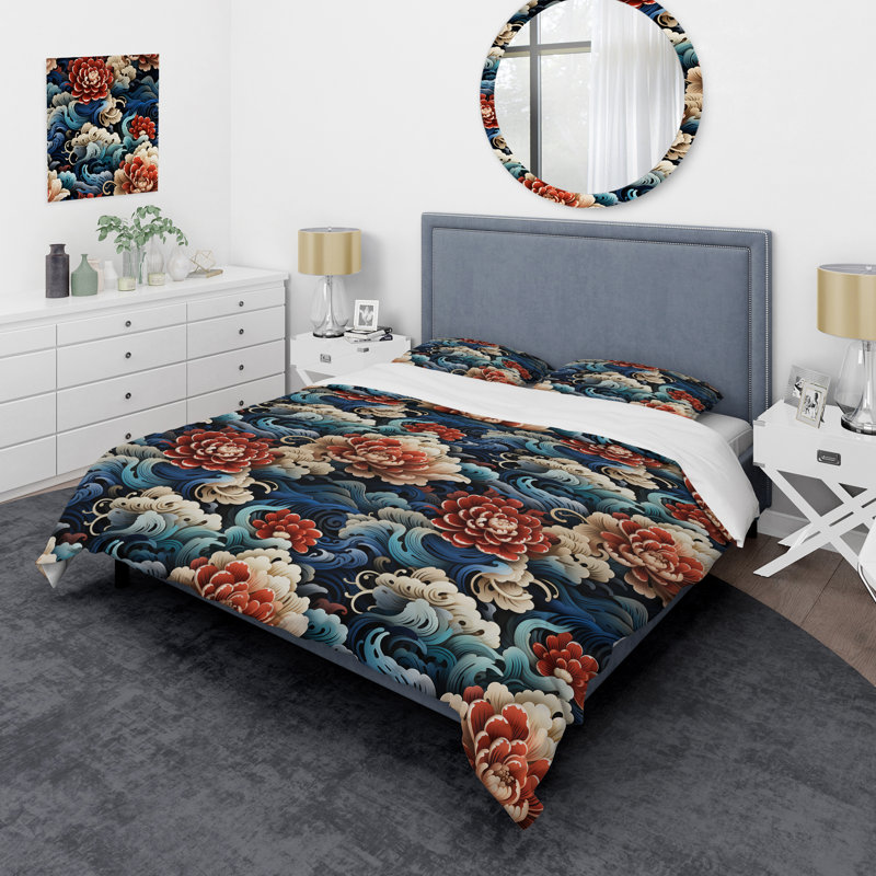 Ensemble de housse de couette Asian Artistry Floral II, Housse de couette pour grand lit et 2 taies décor