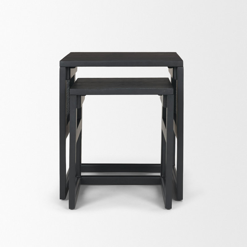Ensemble de 2 tables d'appoint gigognes en bois massif brun moyen avec canne, Noir