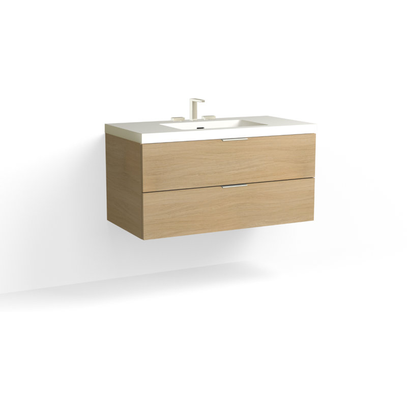 Avila 42" W Wall Mounted Single Bathroom Vanity, Glossy White/Single, Satin Brass, White Acrylic