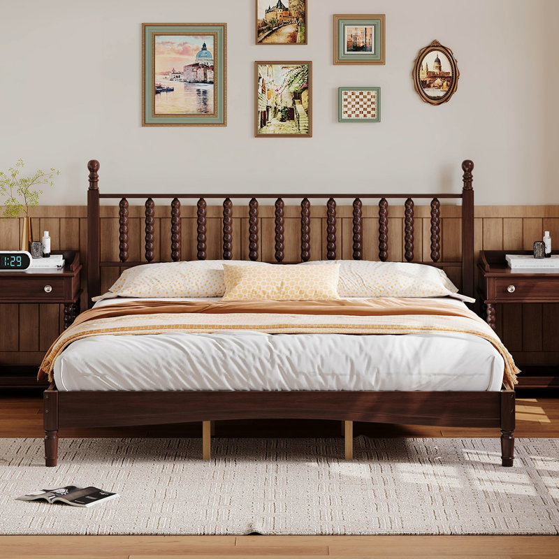 Wood Platform Bed with Gourd Shaped Headboard, Walnut, King