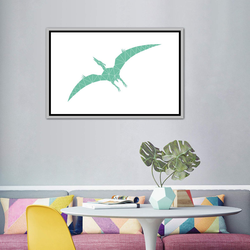 Geometric Dino Pterodactylus - impression d'art graphique, H 40 po x l 60 po x 1,5 po, Toile avec cadre argenté