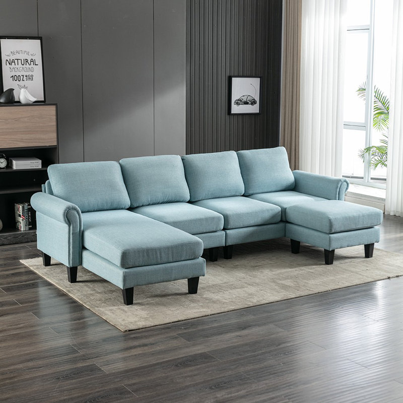 Aindrea Upholstered U-Shaped Sectional Symmetrical, Polyester Light Blue